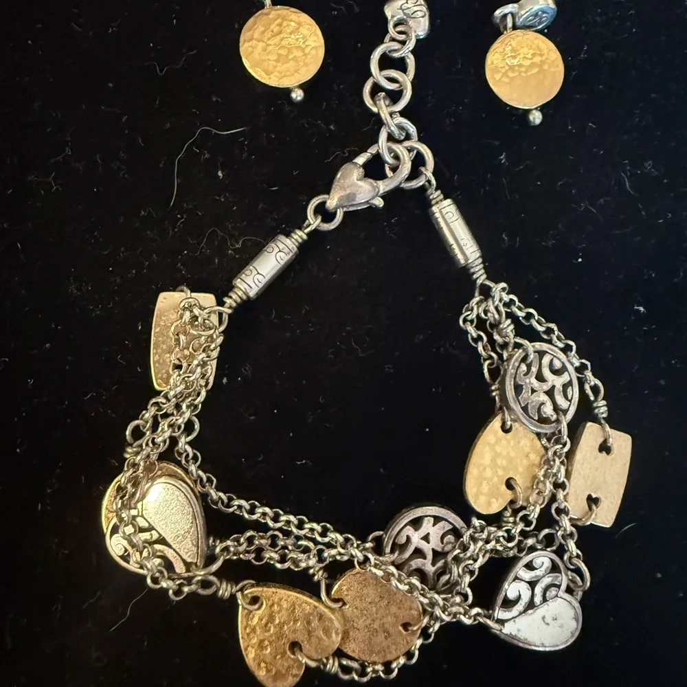 Gold and Silver Heart Charm Bracelet with Coin Stud Earrings .Brighton